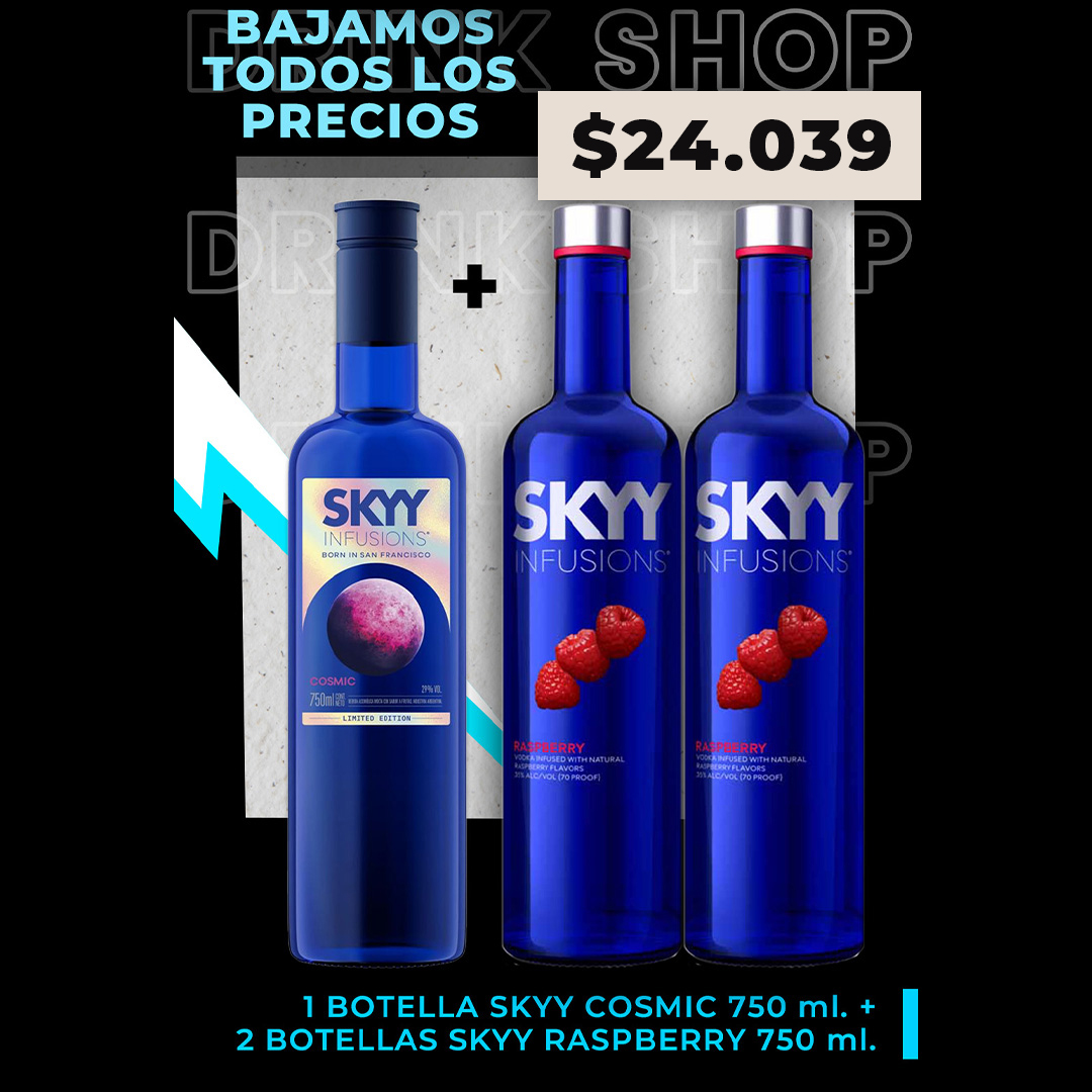 1 botella Skyy Cosmic 750 ml. + 2 botellas Skyy Raspberry 750 ml.